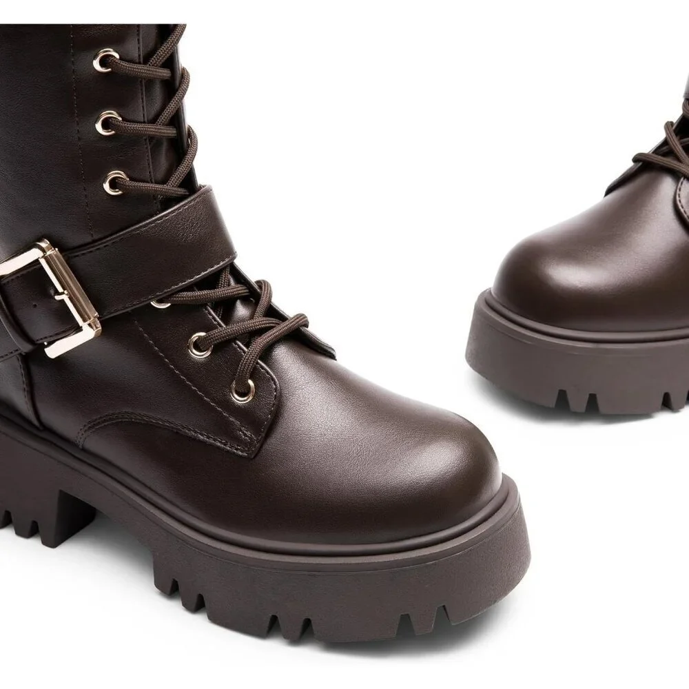 Women's Brown DREAM PAIRS Combat Riding Platform Knee-High Boots Lace Up Gothic